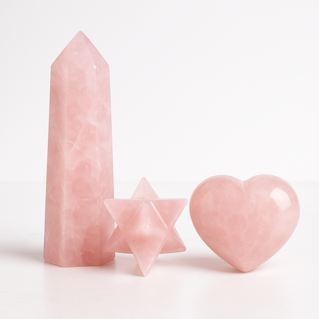 Rose Quartz Crystal Set – Tower, Merkaba & 3D Heart Trio