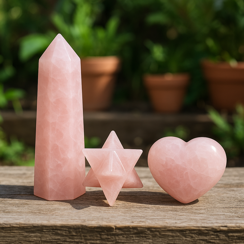 Rose Quartz Crystal Set – Tower, Merkaba & 3D Heart Trio