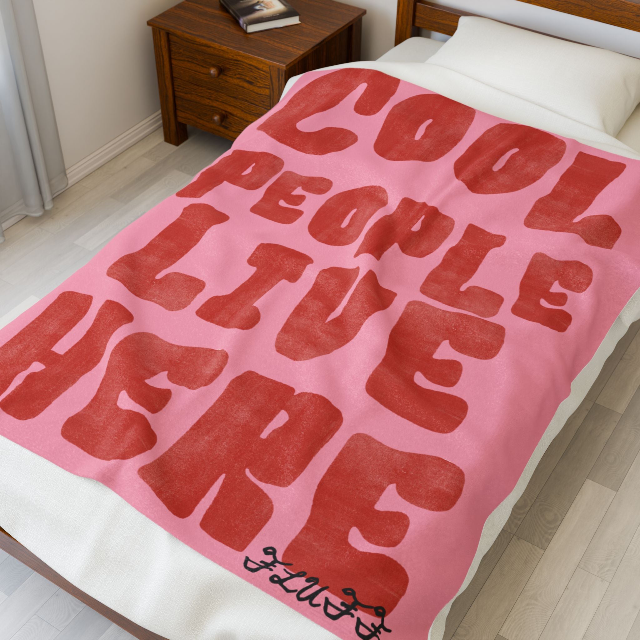 Plush Blanket — "Cool People Live Here" Pink Velveteen Throw