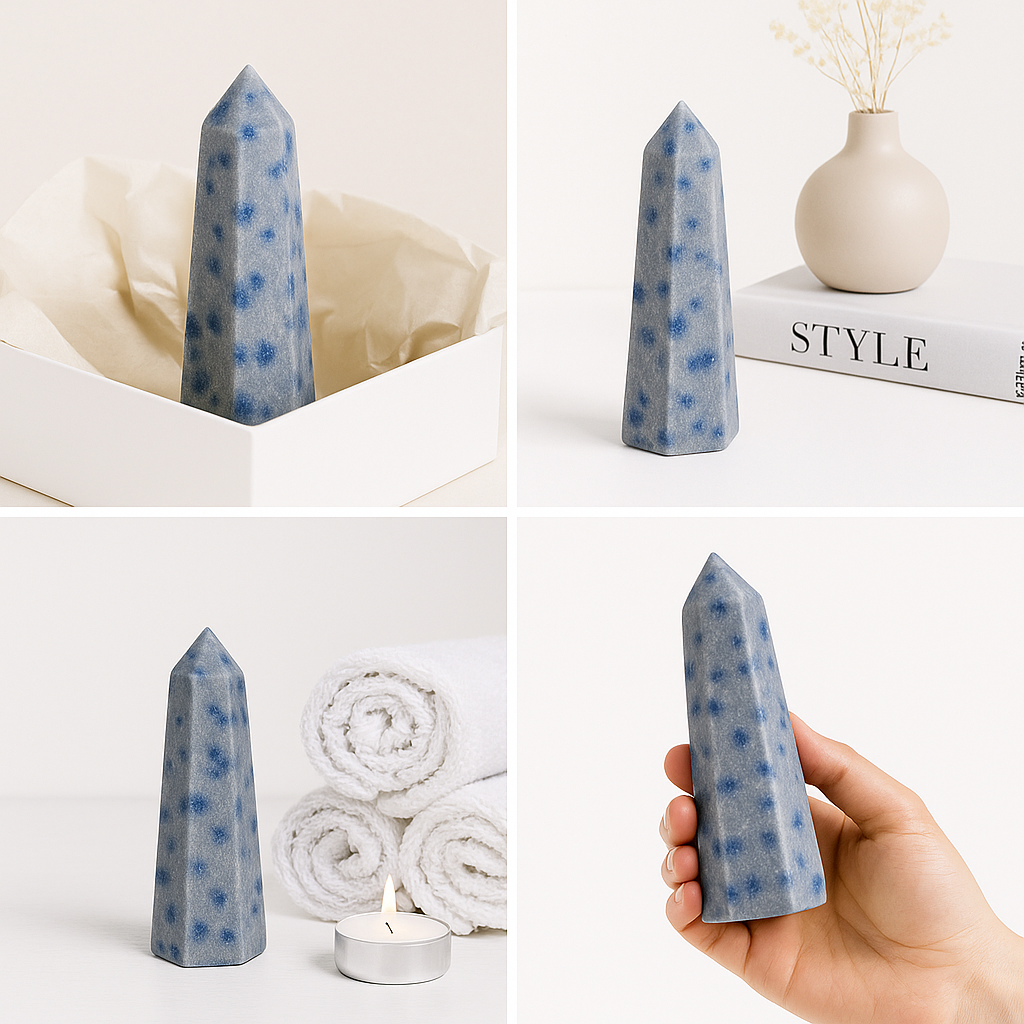 Serene Spotted Blue Quartzite Tower – Sky Blue Crystal Obelisk (Sold Individually or as Bundle)