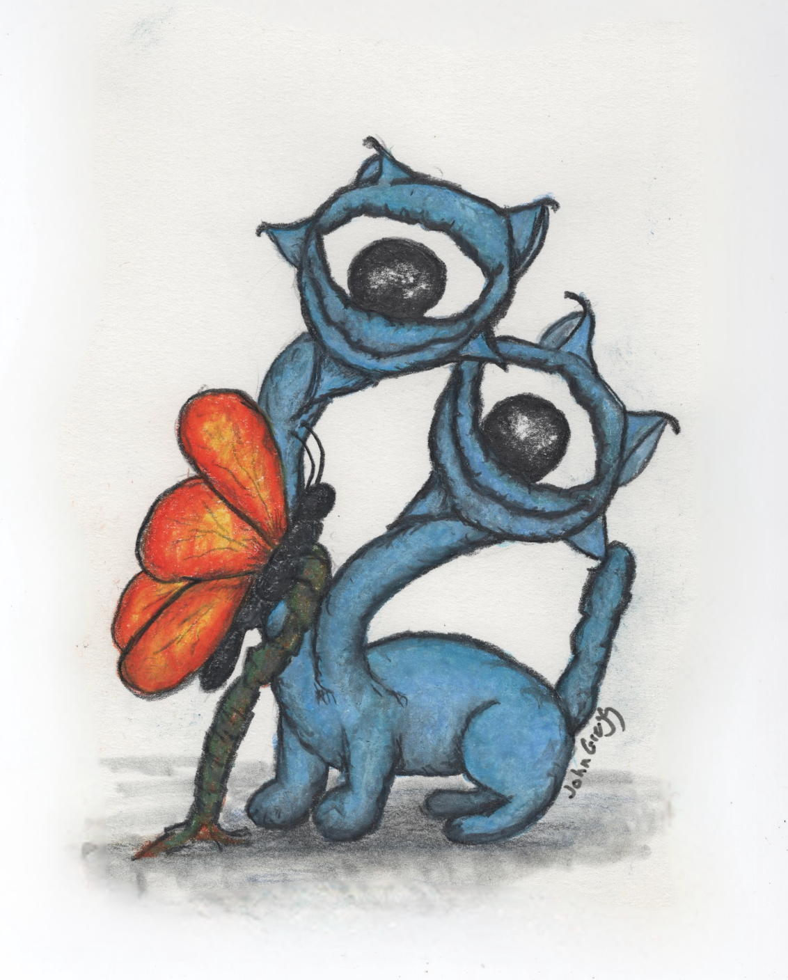 Blue Cycat with Two Heads and Orange Butterfly by John Gregg